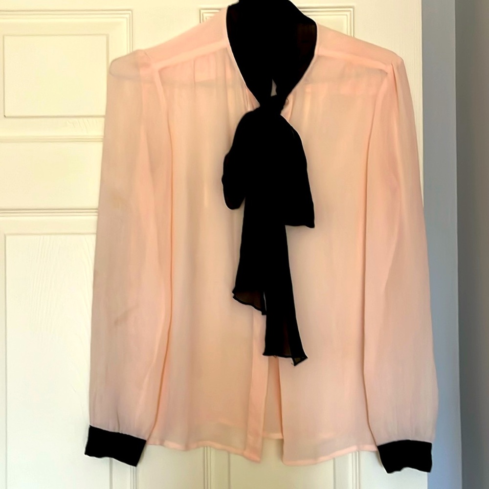 Victorias Sheer Pink Top. Black bow. Small